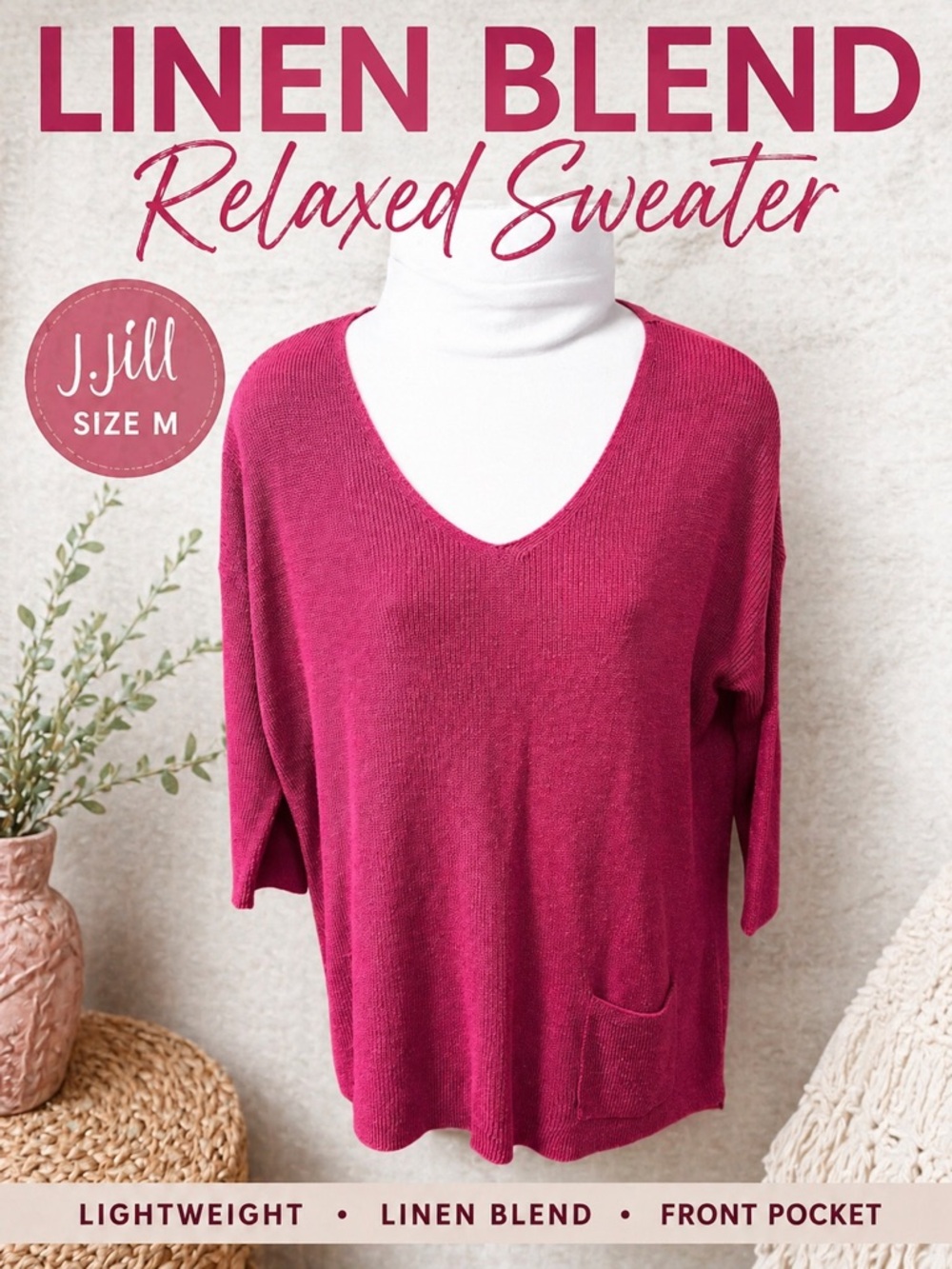 J Jill Linen Blend Sweater Pink Relaxed Fit V Neck Lightweight Knit Women M